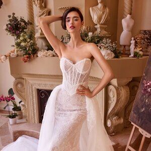 NEW FORMAL STRAPLESS SHEATH WEDDING GOWN W/ FLORAL LACE & LACE UP BACK CD WL044